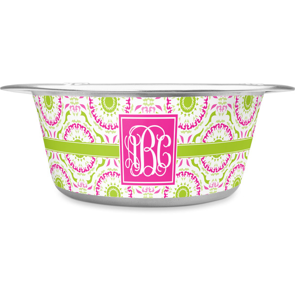 Custom Pink & Green Suzani Stainless Steel Dog Bowl - Large (Personalized)