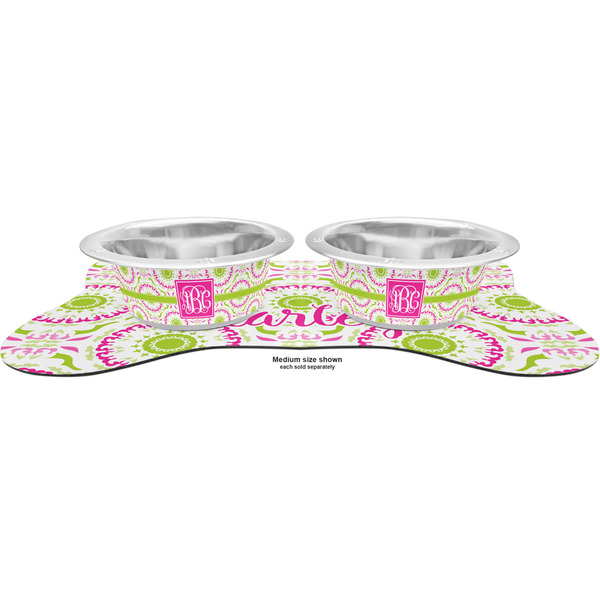 Pink & Green Suzani Metal Pet Bowls - On Dog Bone Shaped Mat