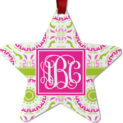 Pink & Green Suzani Metal Star Ornament - Double Sided w/ Monogram