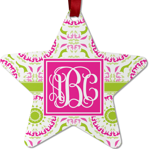 Custom Pink & Green Suzani Metal Star Ornament - Double Sided w/ Monogram