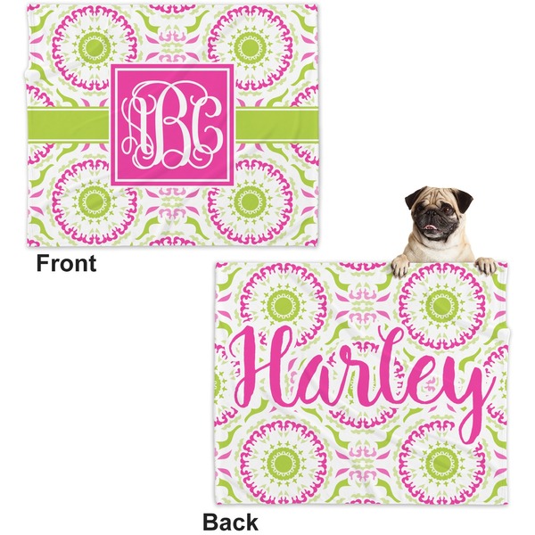 Pink & Green Suzani Microfleece Dog Blanket - Large- Front & Back