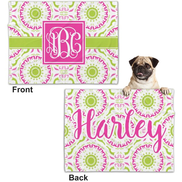 Pink & Green Suzani Microfleece Dog Blanket - Regular - Front & Back