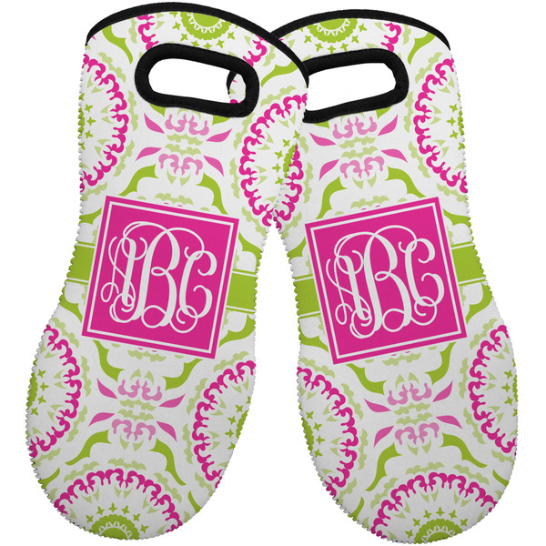 Custom Pink & Green Suzani Neoprene Oven Mitts - Set of 2 w/ Monogram