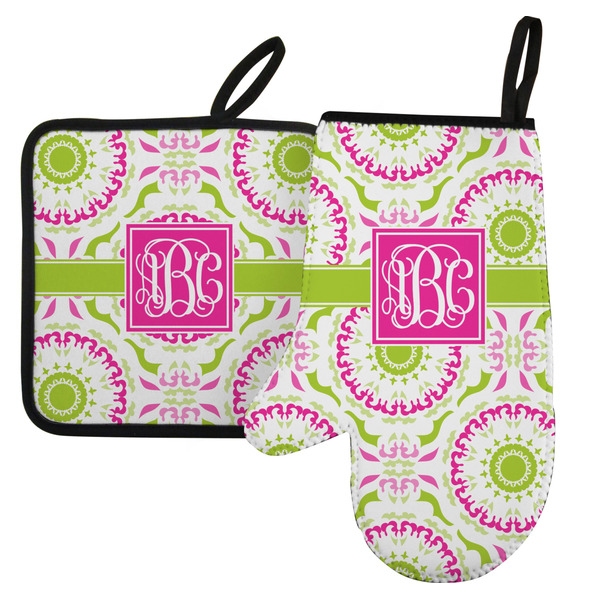 Custom Pink & Green Suzani Left Oven Mitt & Pot Holder Set w/ Monogram