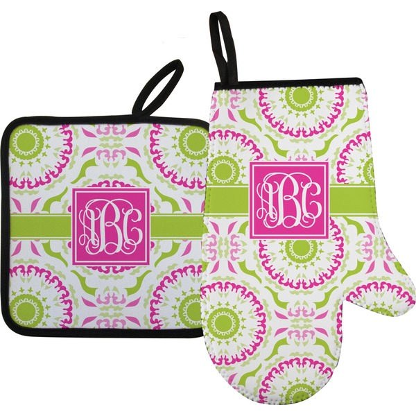 Custom Pink & Green Suzani Right Oven Mitt & Pot Holder Set w/ Monogram
