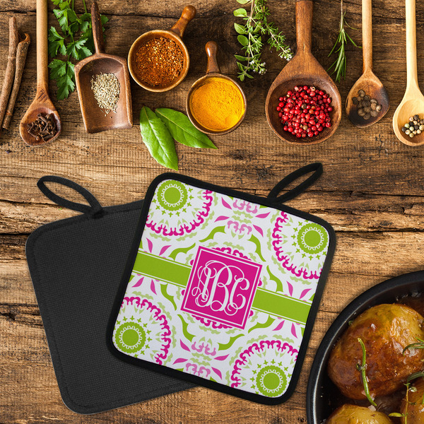 Pink & Green Suzani Neoprene Pot Holder - Set of 2  LIFESTYLE (Flatlay)