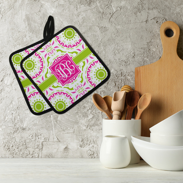 Pink & Green Suzani Neoprene Pot Holder - Set of 2  LIFESTYLE