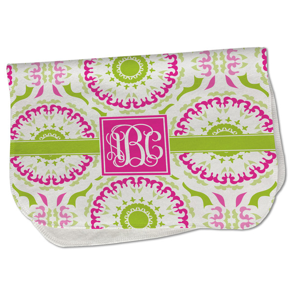 Custom Pink & Green Suzani Burp Cloth - Fleece w/ Monogram