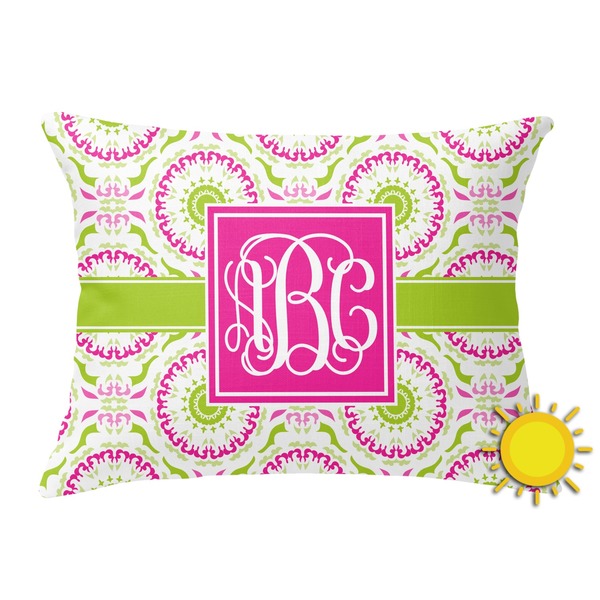 Custom Pink & Green Suzani Outdoor Throw Pillow (Rectangular) (Personalized)