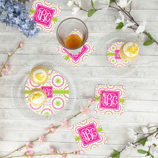 Pink & Green Suzani Paper Coasters - In Context