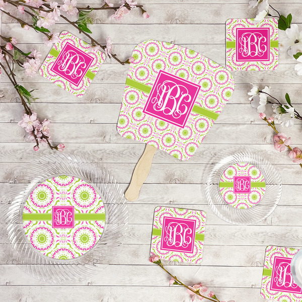 Pink & Green Suzani Party Supplies Combination Image - All items - Plates, Coasters, Fans