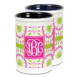 Pink & Green Suzani Ceramic Pencil Holder - Large