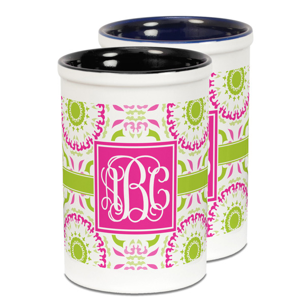 Custom Pink & Green Suzani Ceramic Pencil Holder - Large