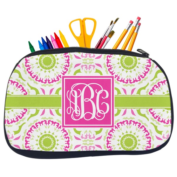 Custom Pink & Green Suzani Neoprene Pencil Case - Medium w/ Monogram