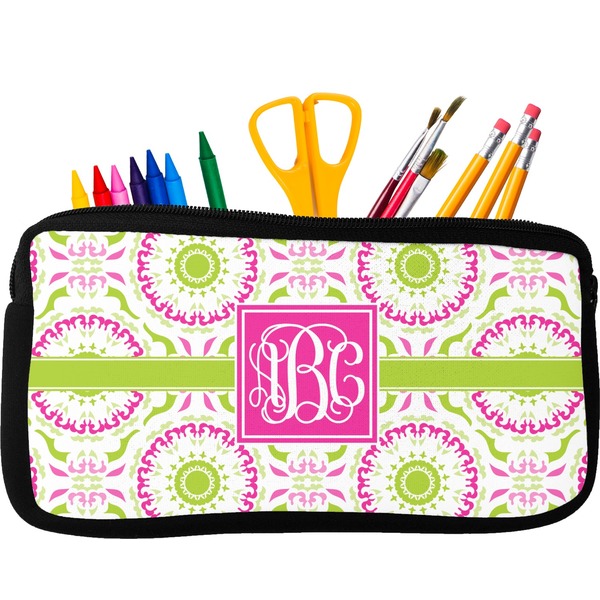 Custom Pink & Green Suzani Neoprene Pencil Case (Personalized)
