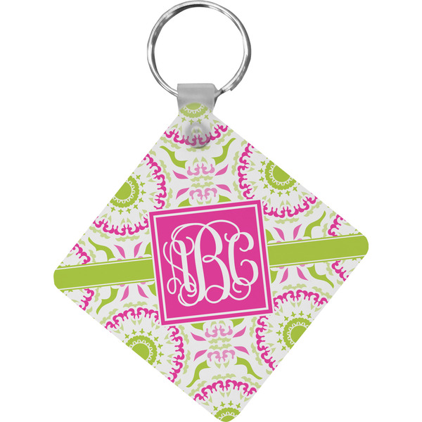 Custom Pink & Green Suzani Diamond Plastic Keychain w/ Monogram