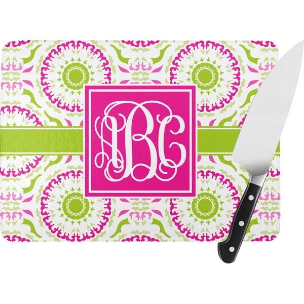 Custom Pink & Green Suzani Rectangular Glass Cutting Board (Personalized)