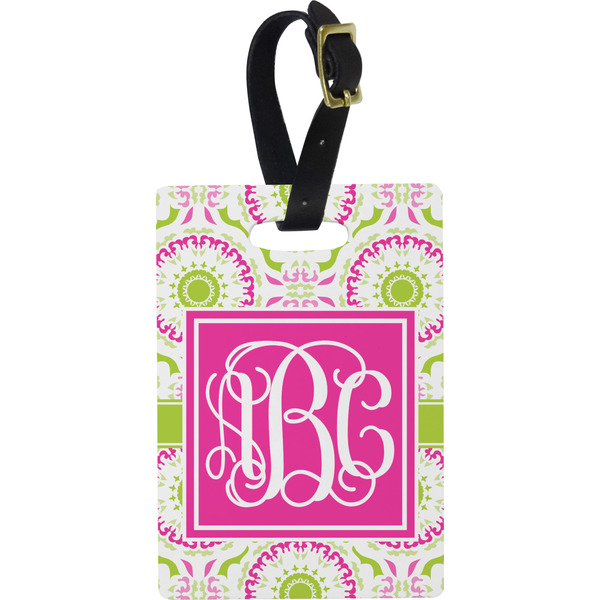 Custom Pink & Green Suzani Plastic Luggage Tag - Rectangular w/ Monogram