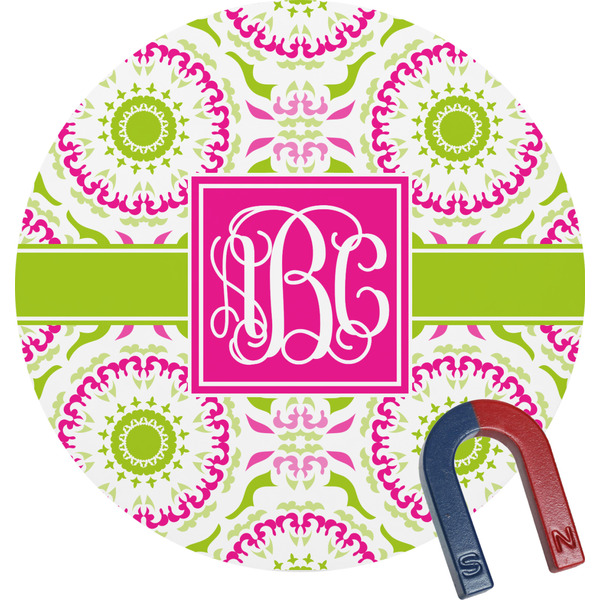 Custom Pink & Green Suzani Round Fridge Magnet (Personalized)