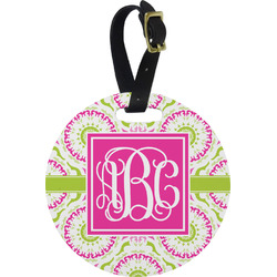 Pink & Green Suzani Plastic Luggage Tag - Round (Personalized)