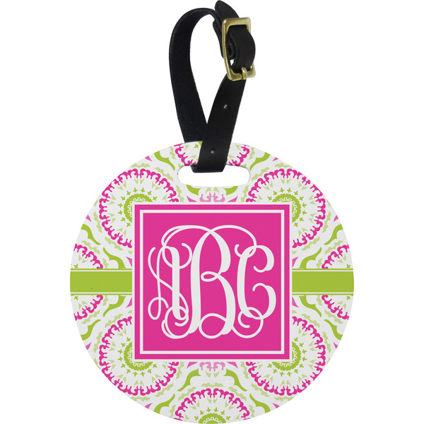 Custom Pink & Green Suzani Plastic Luggage Tag - Round (Personalized)