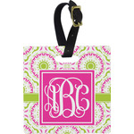 Pink & Green Suzani Plastic Luggage Tag - Square w/ Monogram