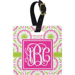 Pink & Green Suzani Plastic Luggage Tag - Square w/ Monogram