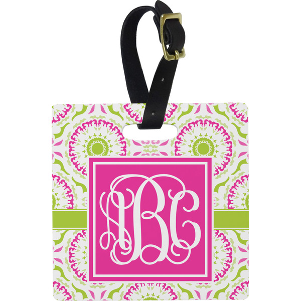 Custom Pink & Green Suzani Plastic Luggage Tag - Square w/ Monogram