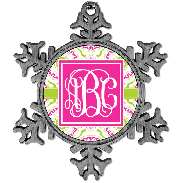 Custom Pink & Green Suzani Vintage Snowflake Ornament (Personalized)