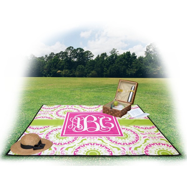 Pink & Green Suzani Picnic Blanket - with Basket Hat and Book - in Use