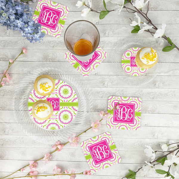 Pink & Green Suzani Plastic Party Appetizer & Dessert Plates - In Context