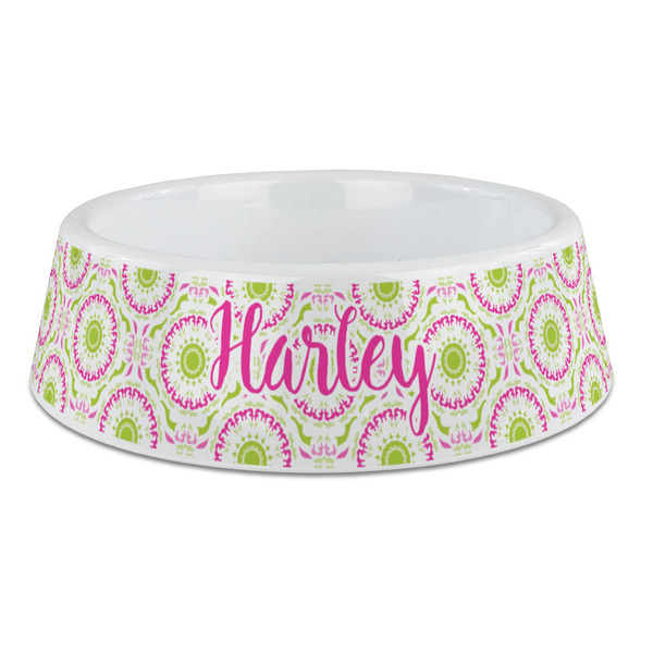 Custom Pink & Green Suzani Plastic Dog Bowl - Large (Personalized)