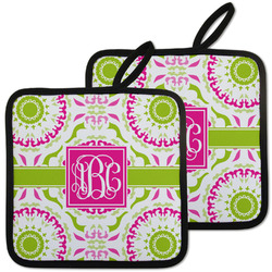 Pink & Green Suzani Pot Holders - Set of 2 w/ Monogram