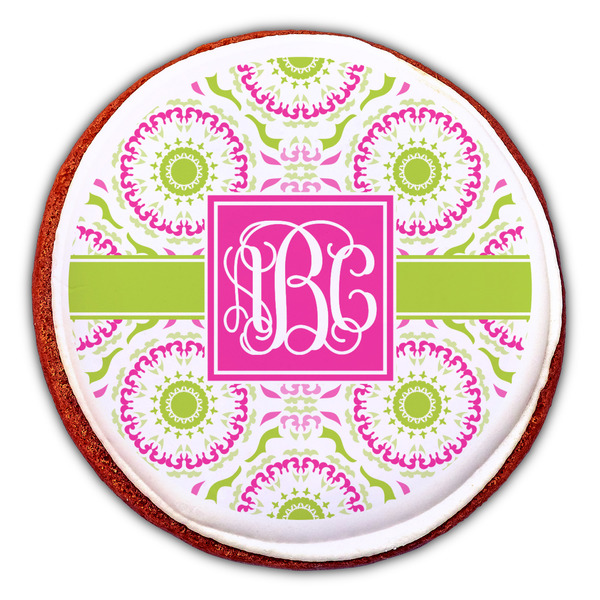 Pink & Green Suzani Printed Icing Circle - Large - On Cookie