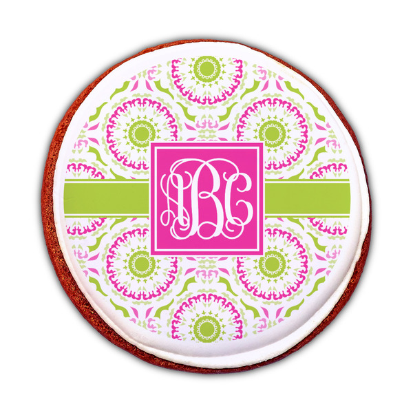 Pink & Green Suzani Printed Icing Circle - Medium - On Cookie