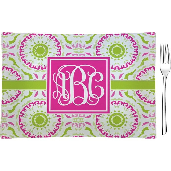Custom Pink & Green Suzani Rectangular Glass Appetizer / Dessert Plate - Single or Set (Personalized)