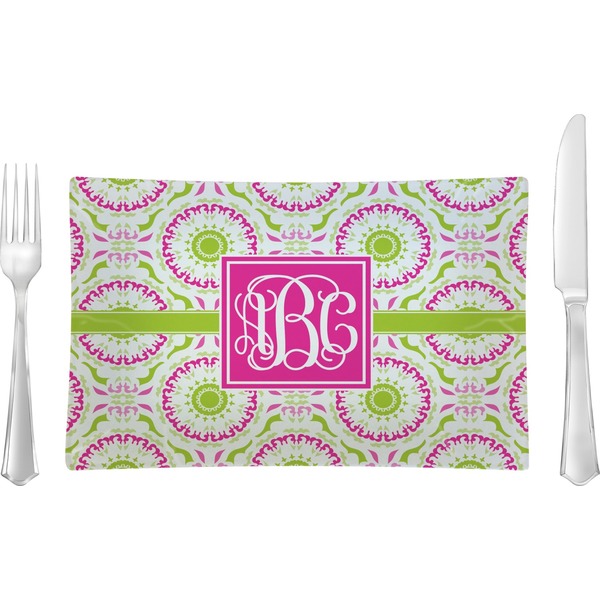 Custom Pink & Green Suzani Rectangular Glass Lunch / Dinner Plate - Single or Set (Personalized)