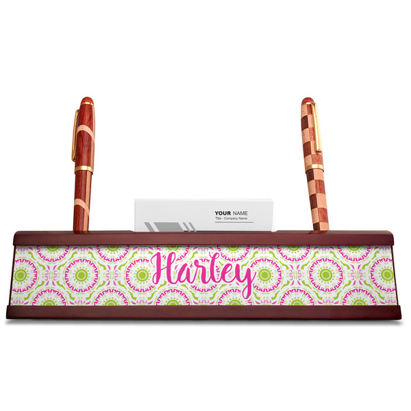 Pink & Green Suzani Red Mahogany Nameplates with Business Card Holder - Straight
