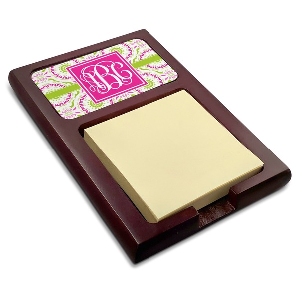 Custom Pink & Green Suzani Red Mahogany Sticky Note Holder (Personalized)