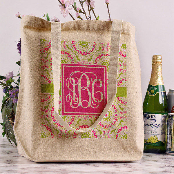 Pink & Green Suzani Reusable Cotton Grocery Bag - In Context