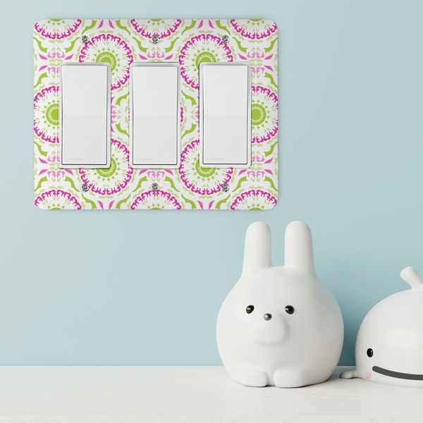 Pink & Green Suzani Rocker Light Switch Covers - Triple - IN CONTEXT