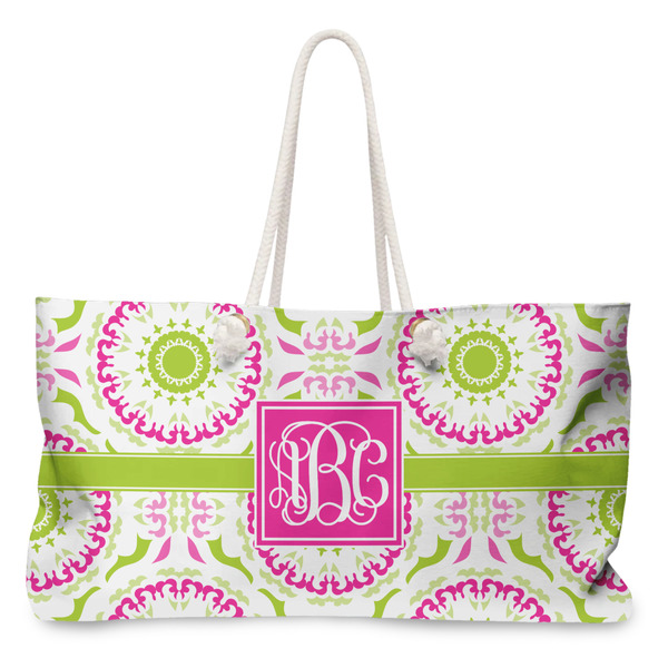 Custom Pink & Green Suzani Large Tote Bag with Rope Handles (Personalized)