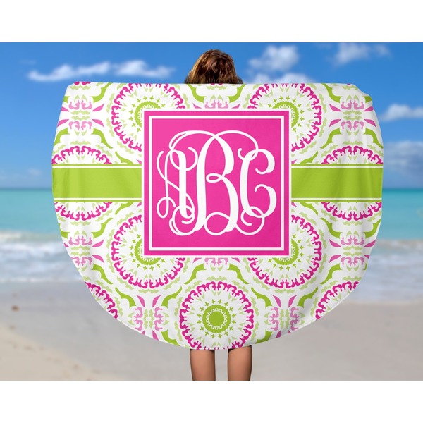 Pink & Green Suzani Round Beach Towel - In Use