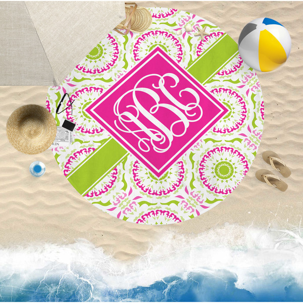 Pink & Green Suzani Round Beach Towel Lifestyle