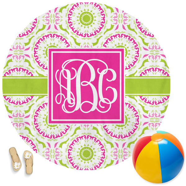 Custom Pink & Green Suzani Round Beach Towel (Personalized)