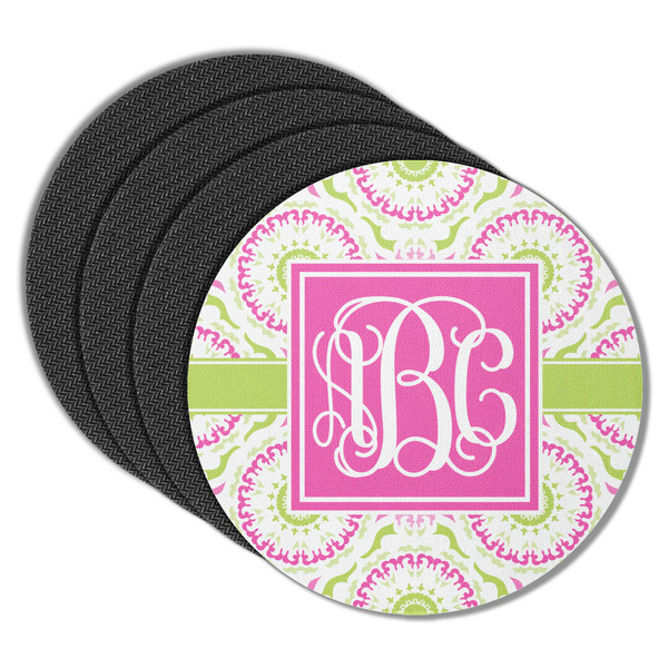 Custom Pink & Green Suzani Round Rubber Backed Coasters - Set of 4 (Personalized)