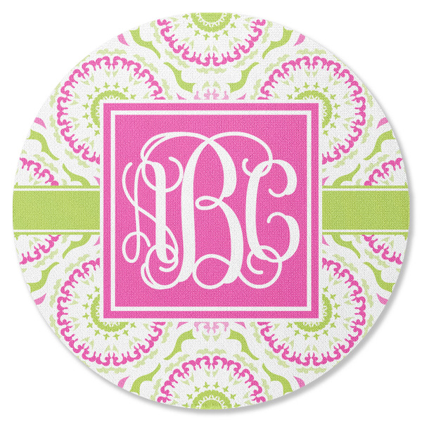 Custom Pink & Green Suzani Round Rubber Backed Coaster (Personalized)