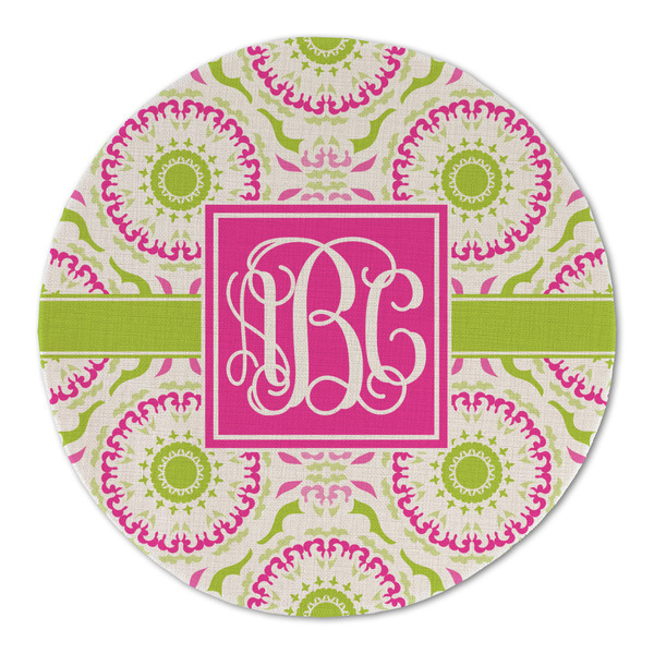 Pink & Green Suzani Round Linen Placemats - FRONT (Double Sided)