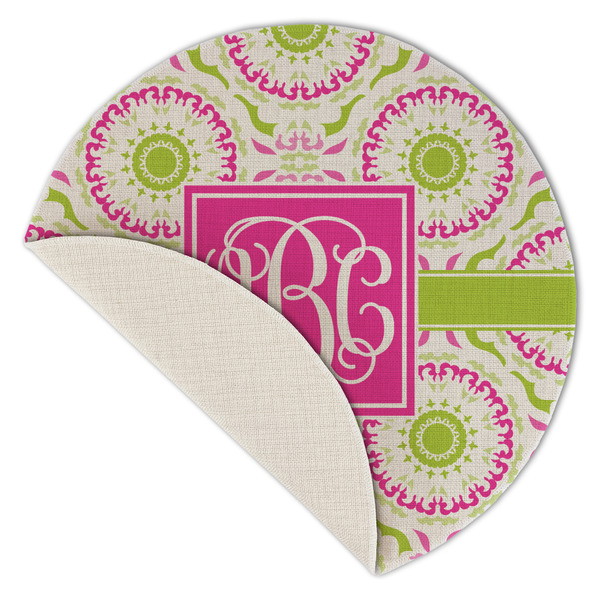 Pink & Green Suzani Round Linen Placemats - Front (folded corner single sided)