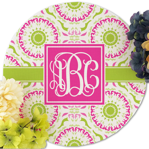 Pink & Green Suzani Round Linen Placemats - Front (w flowers)